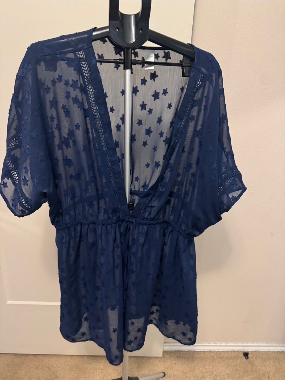 Oasis Navy Star-Embroidered Sheer V-Neck Coverup